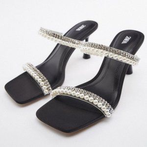 NEW ZARA Rhinestone Pearls Heeled Sandals, Black, good for US6.5 / US 7